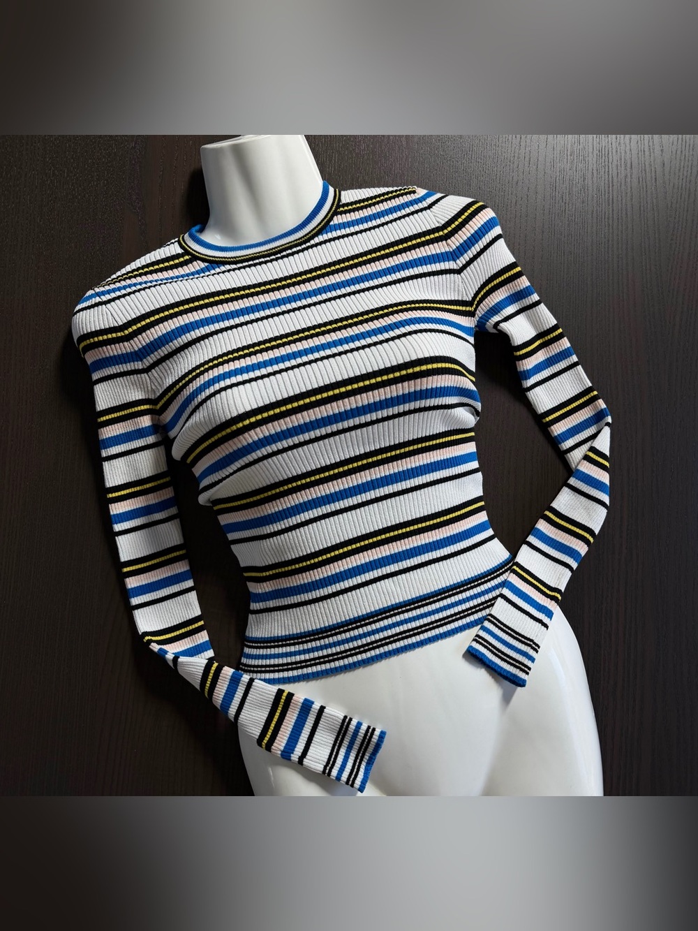 Striped Rib-Knit Long Sleeve Top in White and Blue